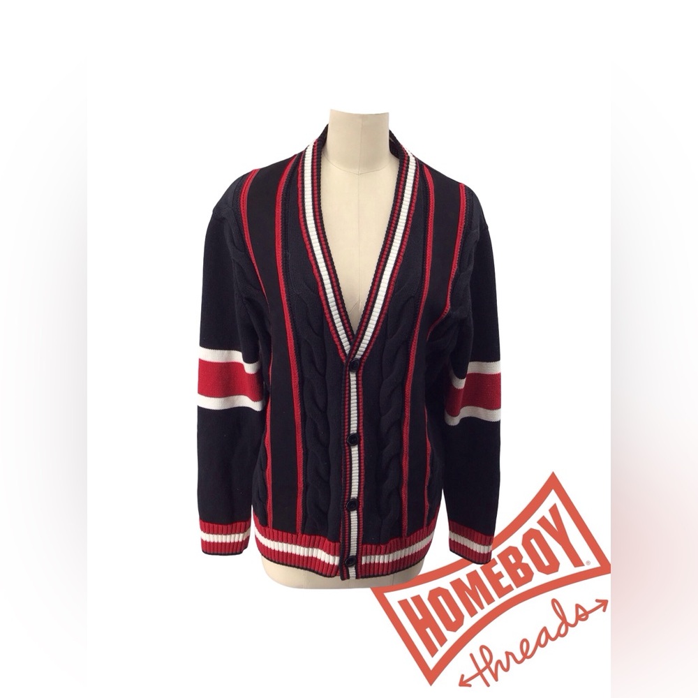Inserch Black Cardigan with Red and White Stripes